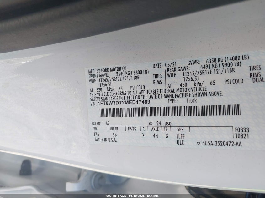2021 Ford F350 VIN 1FT8W3DT2MED17469 IAAI salvage auction — FRONT END, Certificate Of Destruction (Florida), sold $7,500 on 2026-07-30 (photo 9)