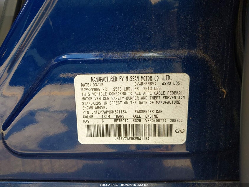2019 Infiniti Q50 VIN JN1EV7AP9KM541154 IAAI salvage auction — FRONT END, Salvage (Georgia), sold $2,550 on 2026-07-29 (photo 9)