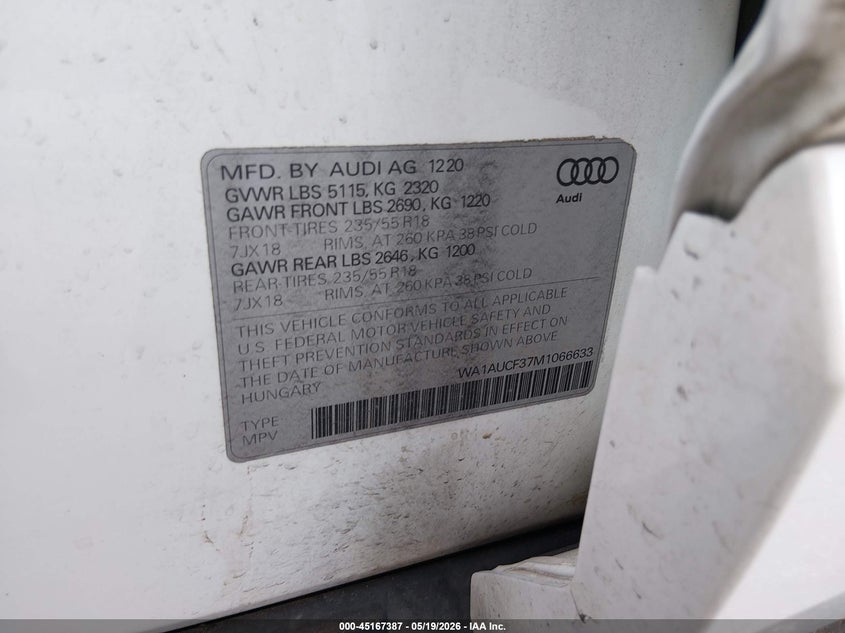 2021 Audi Q3 VIN WA1AUCF37M1066633 IAAI salvage auction — REAR END, Original (Texas), sold $4,750 on 2026-07-09 (photo 9)