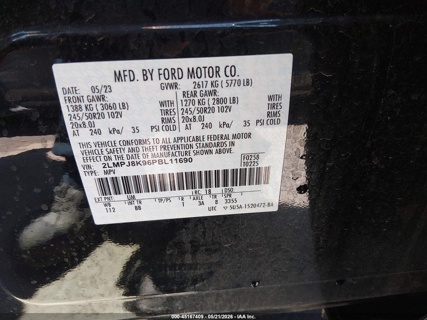 2023 Lincoln Nautilus VIN 2LMPJ8K96PBL11690 IAAI salvage auction — HAIL, Salvage (Ohio), sold $13,100 on 2026-07-07 (photo 9)
