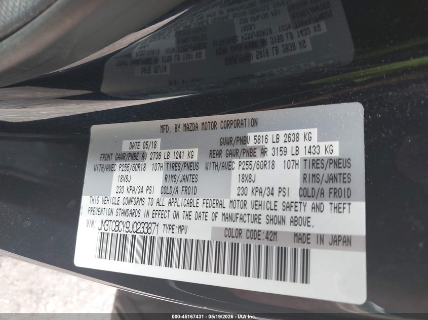 2018 Mazda Cx-9 VIN JM3TCBCY9J0233871 IAAI salvage auction — FRONT END, Clear (Indiana), sold $25 on 2026-07-22 (photo 9)