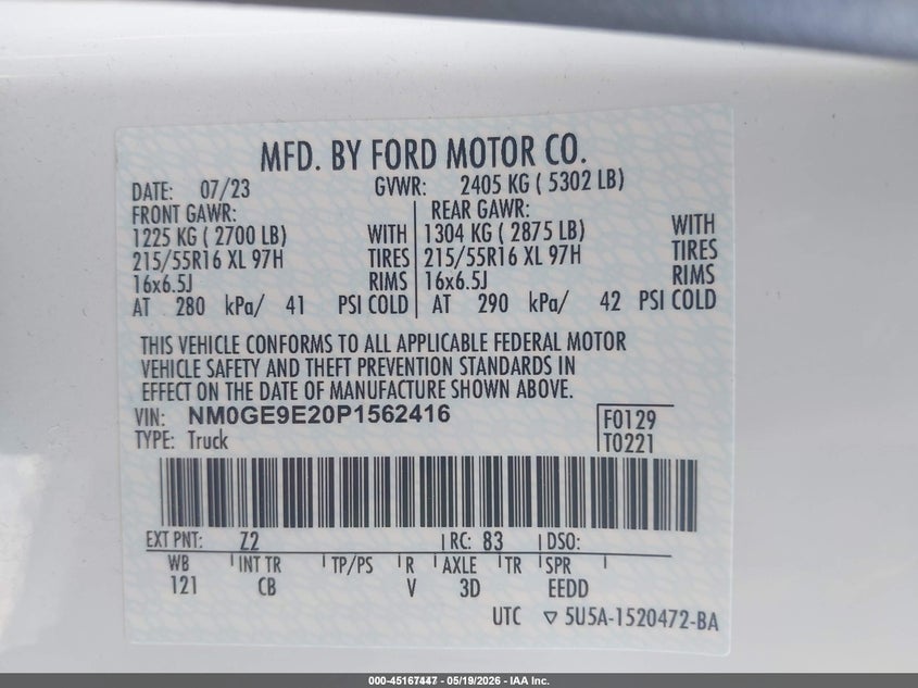 2023 Ford Transit connect VIN NM0GE9E20P1562416 IAAI salvage auction — NORMAL WEAR, Sf97 (New Jersey), sold $25 on 2026-07-21 (photo 9)