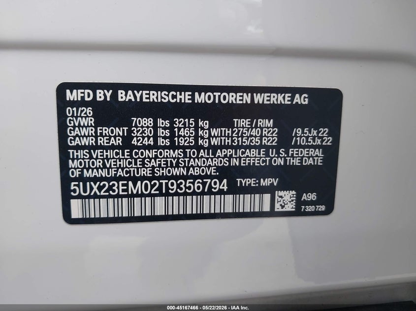 2026 BMW X7 VIN 5UX23EM02T9356794 IAAI salvage auction — FRONT END, Original (Texas), sold $48,000 on 2026-07-27 (photo 9)
