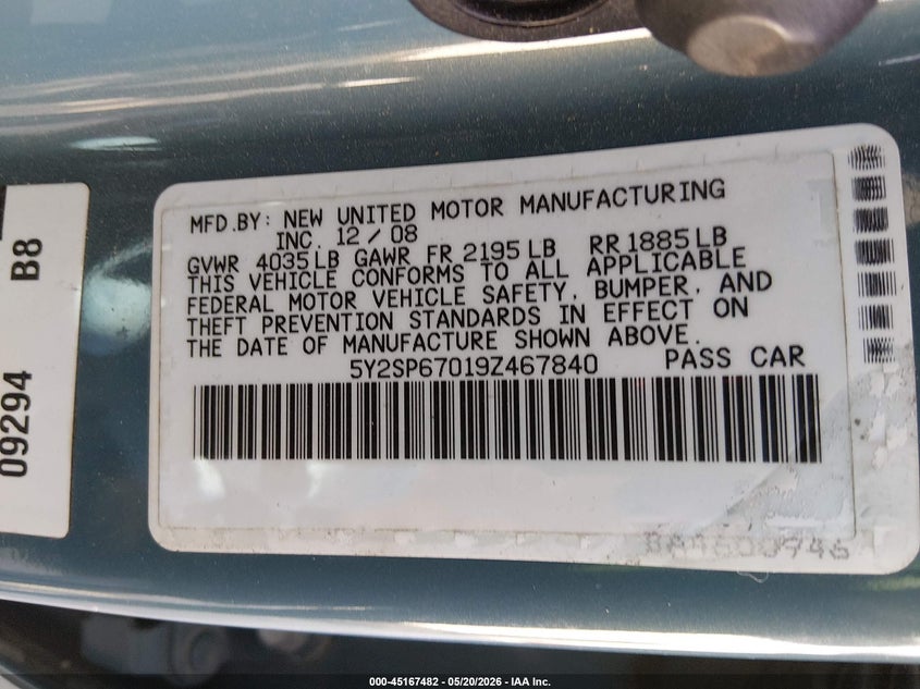 2009 Pontiac Vibe VIN 5Y2SP67019Z467840 IAAI salvage auction — FRONT END, Salvage (Tennessee), sold $1,200 on 2026-08-31 (photo 9)