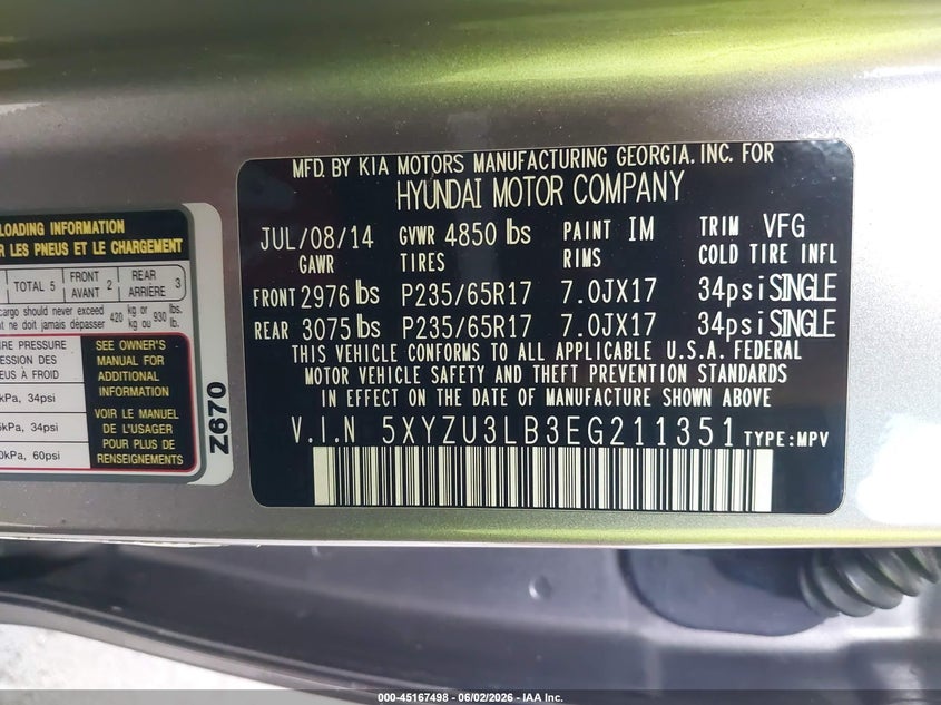 2014 Hyundai Santa fe VIN 5XYZU3LB3EG211351 IAAI salvage auction — REAR END, Salvage Title, sold $525 on 2026-07-08 (photo 9)