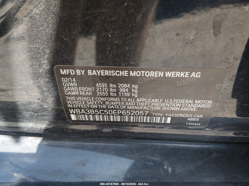 2014 BMW 3er VIN WBA3B5C50EP652057 IAAI salvage auction — SIDE, Clear (Indiana), sold $2,500 on 2026-07-22 (photo 9)