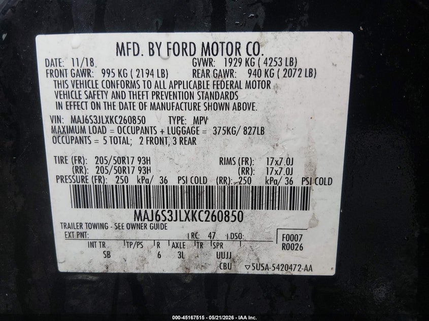 2019 Ford Ecosport VIN MAJ6S3JLXKC260850 IAAI salvage auction — FRONT END, Salvage (West Virginia), sold $1,350 on 2026-07-18 (photo 9)