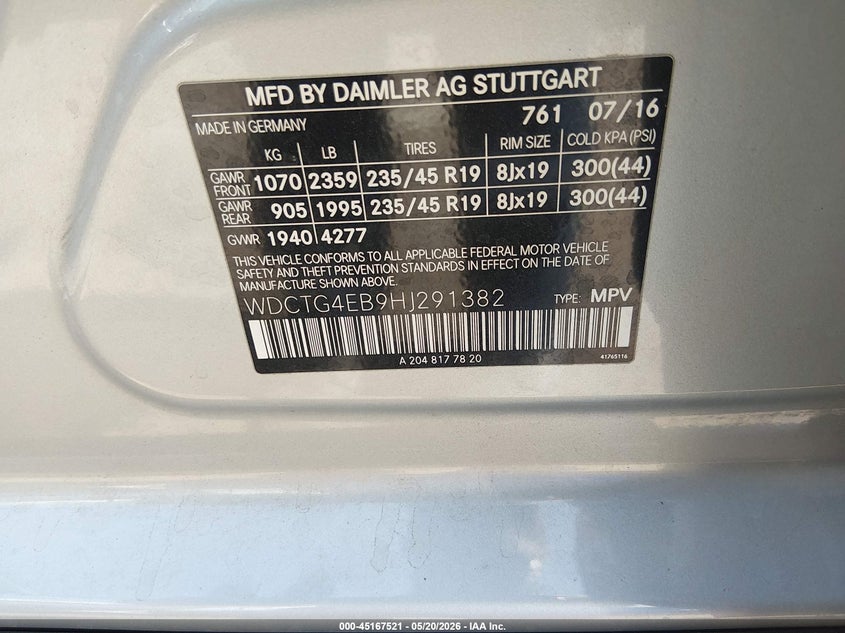 2017 Mercedes-benz Gla-klasse VIN WDCTG4EB9HJ291382 IAAI salvage auction — SIDE, Original (Texas), sold $3,550 on 2026-07-22 (photo 9)