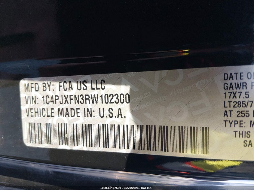 2024 Jeep Wrangler / VIN 1C4PJXFN3RW102300 IAAI salvage auction — FRONT & REAR, Salvage Title, sold $13,100 on 2026-07-31 (photo 9)