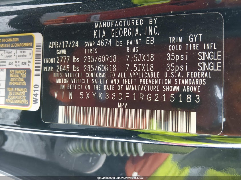 2024 Kia Sportage VIN 5XYK33DF1RG215183 IAAI salvage auction — FRONT & REAR, Salvage Title, sold $4,550 on 2026-07-16 (photo 9)