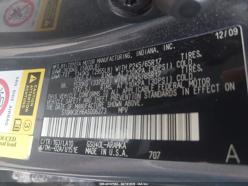 2010 Toyota Highlander VIN 5TDKK3EH6AS006273 IAAI salvage auction — RIGHT SIDE, Salvage (Texas), sold $1,100 on 2026-07-22 (photo 9)
