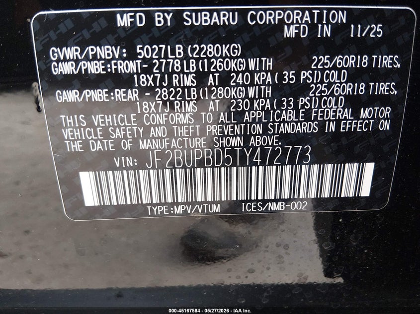 2026 Subaru Outback VIN JF2BUPBD5TY472773 IAAI salvage auction — Burn Engine, Salvage Title, sold $4,950 on 2026-07-08 (photo 9)