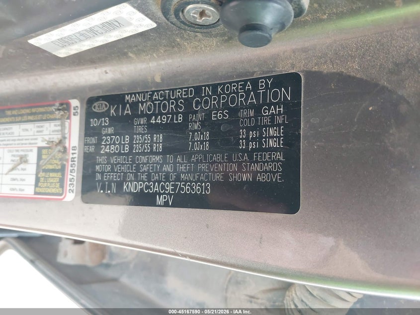2014 Kia Sportage VIN KNDPC3AC9E7563613 IAAI salvage auction — HAIL, Original (Texas), sold $1,650 on 2026-07-30 (photo 9)