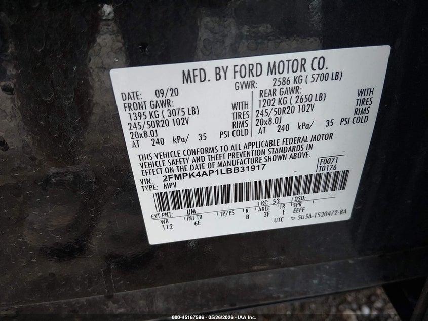 2020 Ford Edge VIN 2FMPK4AP1LBB31917 IAAI salvage auction — HAIL, Salvage (Kansas), sold $9,800 on 2026-07-17 (photo 9)