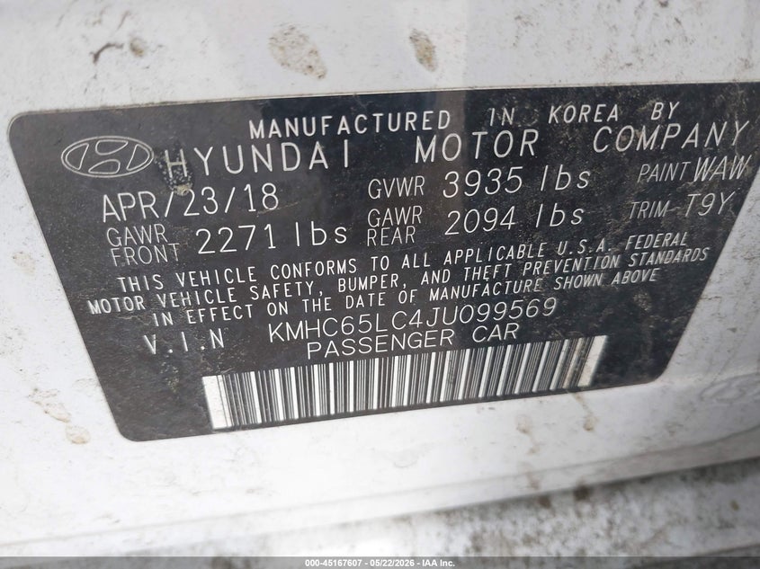 2018 Hyundai Ioniq VIN KMHC65LC4JU099569 IAAI salvage auction — FRONT & REAR, Salvage Title, sold $1,750 on 2026-08-01 (photo 9)
