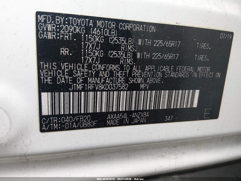 2019 Toyota Rav 4 VIN JTMF1RFV8KD037582 IAAI salvage auction — FRONT END, Salvage (New Jersey), sold $5,000 on 2026-07-27 (photo 9)