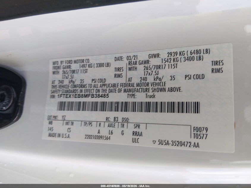 2021 Ford F-150 VIN 1FTEX1EB8MFB38485 IAAI salvage auction — NORMAL WEAR, SF97 (Arkansas), sold $21,600 on 2026-07-09 (photo 9)