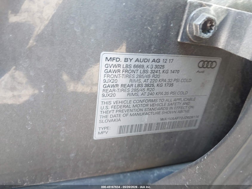 2018 Audi Q7 VIN WA1VAAF72JD026116 IAAI salvage auction — FRONT END, Salvage (Iowa), sold $7,050 on 2026-07-06 (photo 9)