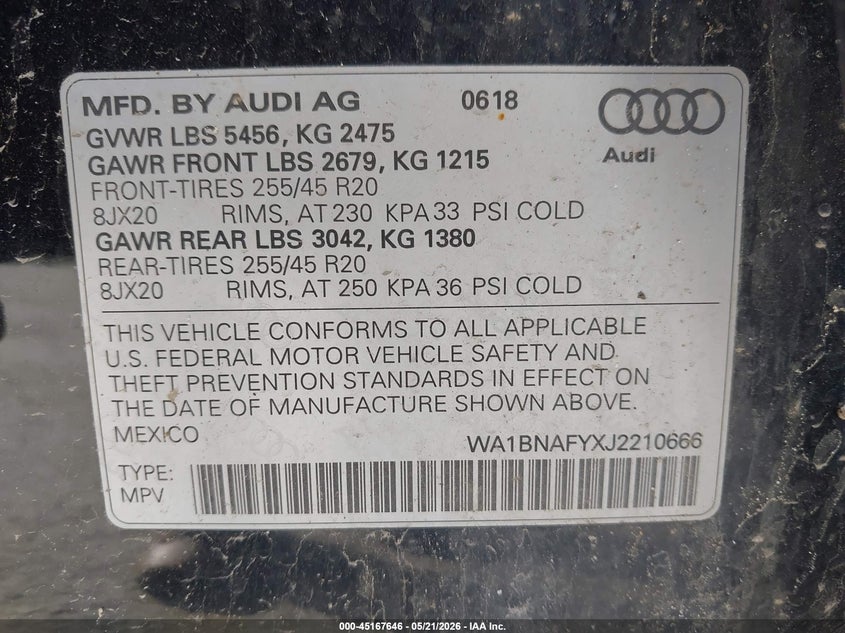 2018 Audi Q5 VIN WA1BNAFYXJ2210666 IAAI salvage auction — ROLLOVER, Salvage (Massachusetts), sold $50 on 2026-07-27 (photo 9)