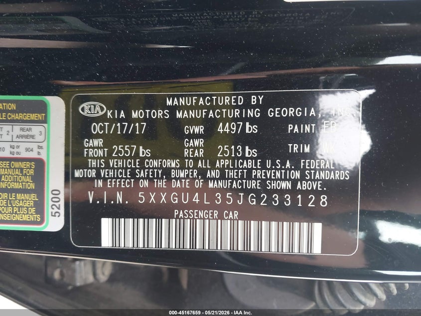 2018 Kia Optima VIN 5XXGU4L35JG233128 IAAI salvage auction — FRONT END, Salvage (Massachusetts), sold $25 on 2026-07-21 (photo 9)