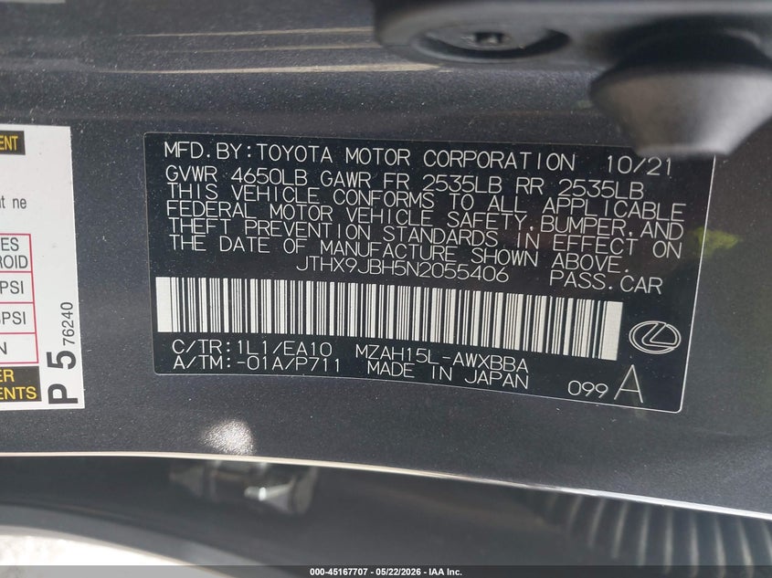 2022 Lexus Ux VIN JTHX9JBH5N2055406 IAAI salvage auction — FRONT END, Salvage (Georgia), sold $8,900 on 2026-07-08 (photo 9)
