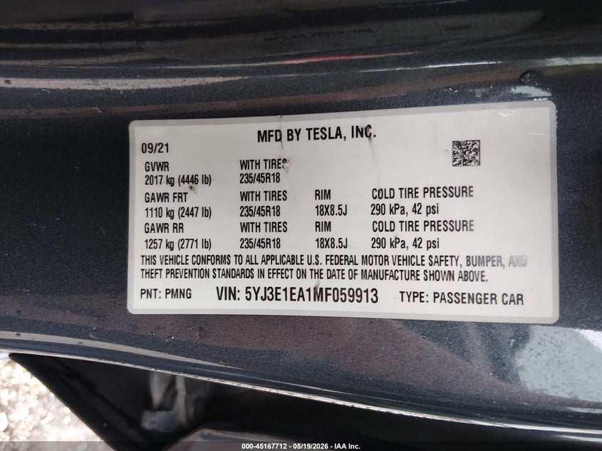 2021 Tesla Model 3 VIN 5YJ3E1EA1MF059913 IAAI salvage auction — FRONT END, Salvage (Arkansas), sold $8,700 on 2026-07-16 (photo 9)