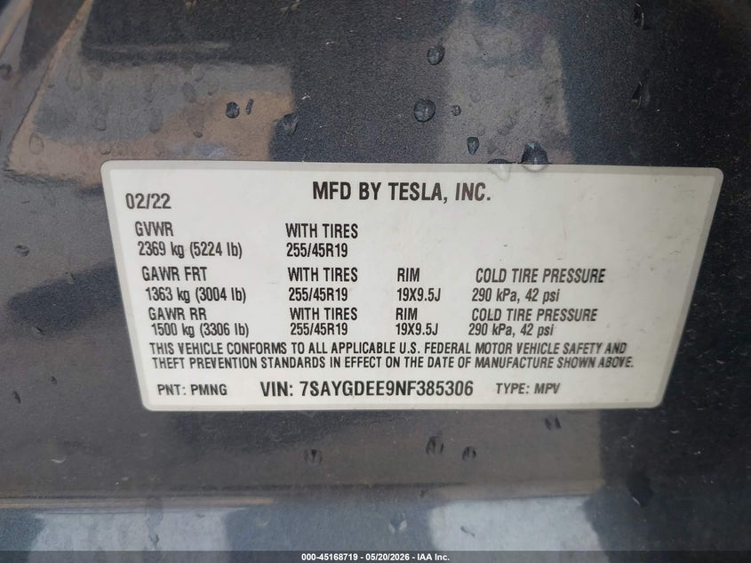2022 Tesla Model y VIN 7SAYGDEE9NF385306 IAAI salvage auction — REAR END, Original (Texas), sold $9,200 on 2026-07-30 (photo 9)