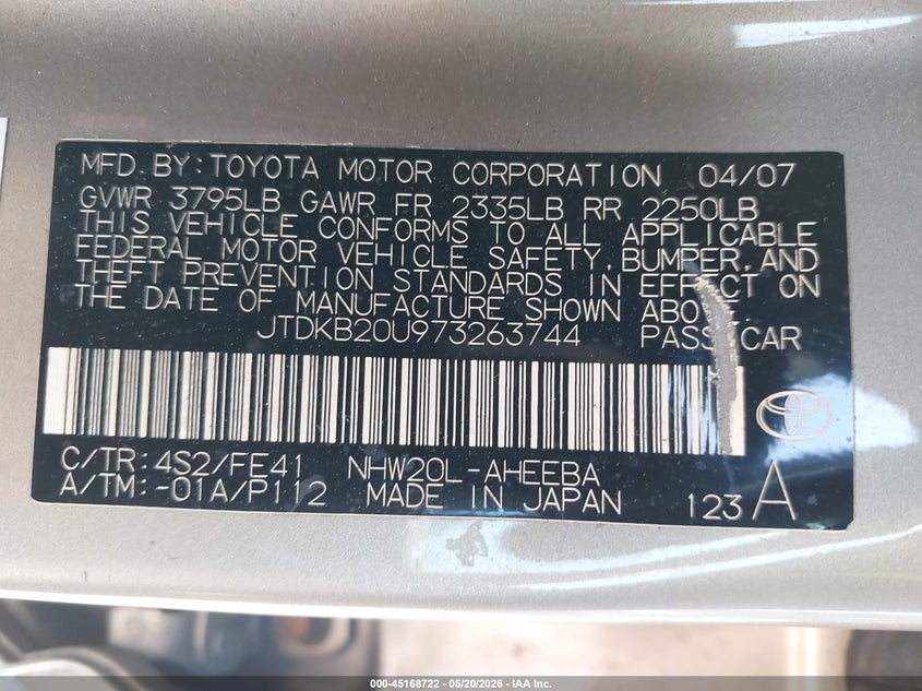 2007 Toyota Prius VIN JTDKB20U973263744 IAAI salvage auction — FRONT END, Clear (Virginia), sold $425 on 2026-07-07 (photo 9)