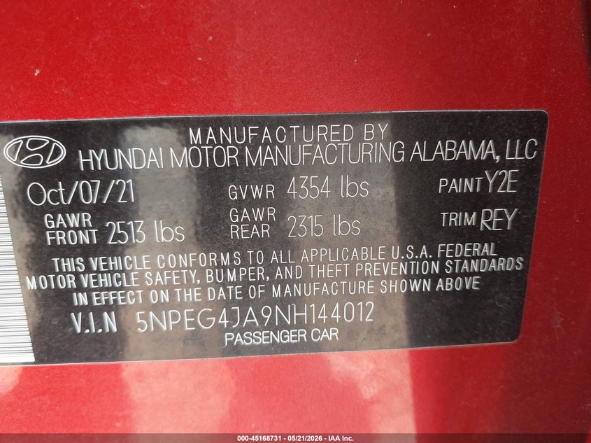 2022 Hyundai Sonata VIN 5NPEG4JA9NH144012 IAAI salvage auction — REAR END, Salvage (North Carolina), sold $4,000 on 2026-07-13 (photo 9)
