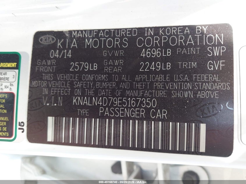 2014 Kia Cadenza VIN KNALN4D79E5167350 IAAI salvage auction — FRONT & REAR, Salvage (Texas), sold $875 on 2026-08-01 (photo 9)