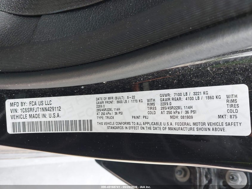 2022 Ram 1500 VIN 1C6SRFJT1NN429112 IAAI salvage auction — REAR END, Salvage (Illinois), sold $6,000 on 2026-07-10 (photo 9)