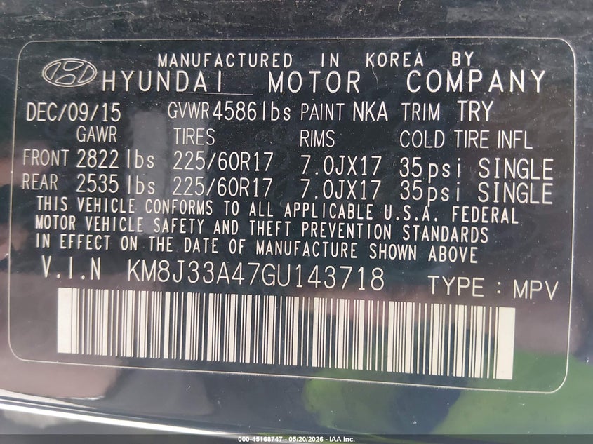 2016 Hyundai Tucson VIN KM8J33A47GU143718 IAAI salvage auction — NORMAL WEAR, Salvage (Texas), sold $1,750 on 2026-07-28 (photo 9)