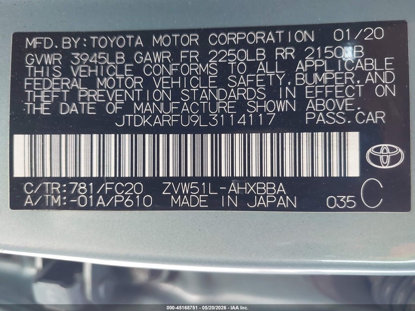 2020 Toyota Prius VIN JTDKARFU9L3114117 IAAI salvage auction — FRONT END, Salvage (California), sold $2,600 on 2026-07-06 (photo 9)
