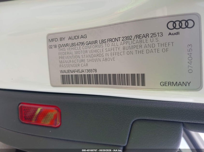 2018 Audi A4 VIN WAUENAF45JA136978 IAAI salvage auction — FRONT END, Original (Texas), sold $6,700 on 2026-07-31 (photo 9)