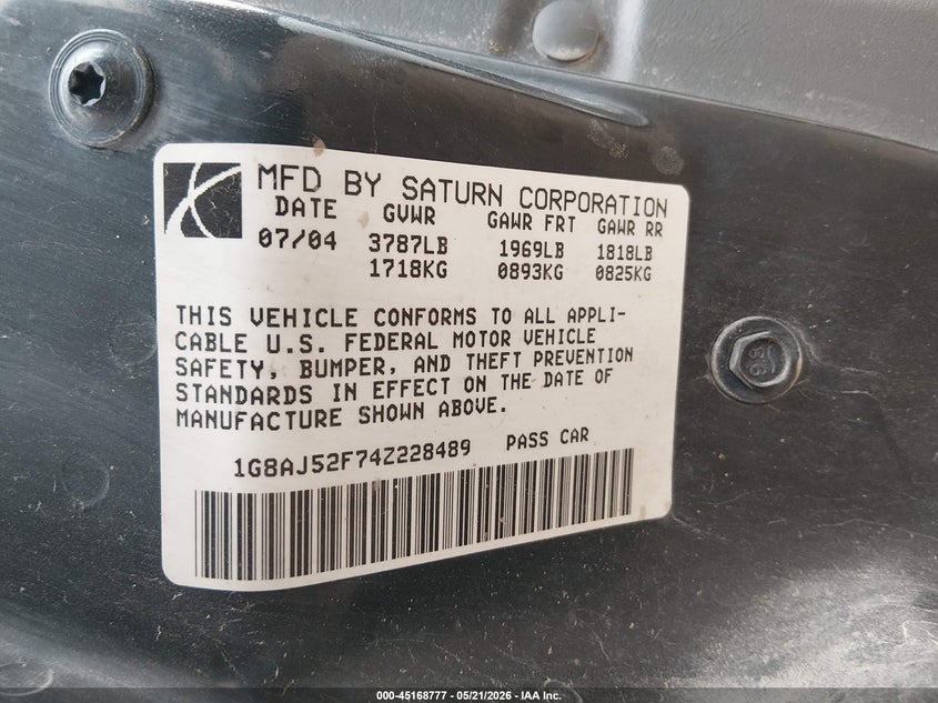 2004 Saturn Ion VIN 1G8AJ52F74Z228489 IAAI salvage auction — STORM DAMAGE, Salvage (Nebraska), sold $550 on 2026-07-09 (photo 9)