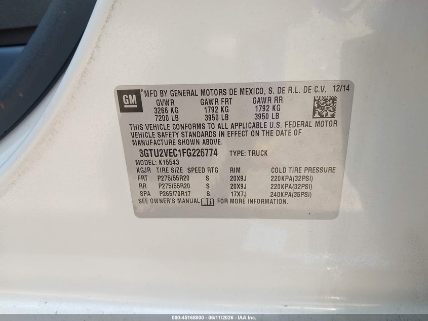 2015 Gmc Sierra 1500 VIN 3GTU2VEC1FG226774 IAAI salvage auction — NORMAL WEAR, Clear (Alabama), sold $12,000 on 2026-07-22 (photo 9)