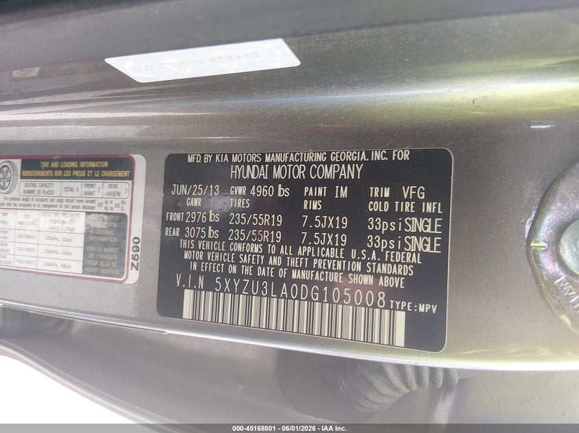 2013 Hyundai Santa fe VIN 5XYZU3LA0DG105008 IAAI salvage auction — FRONT END, Salvage (Kentucky), sold $1,200 on 2026-07-27 (photo 9)