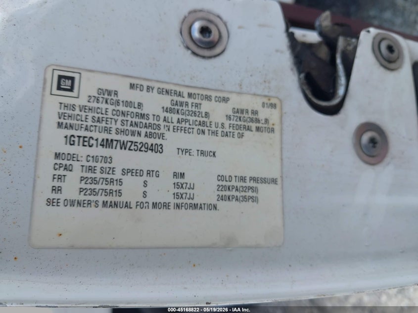 1998 Gmc Sierra 1500 VIN 1GTEC14M7WZ529403 IAAI salvage auction — SIDE, Salvage (Georgia), sold $2,800 on 2026-07-09 (photo 9)