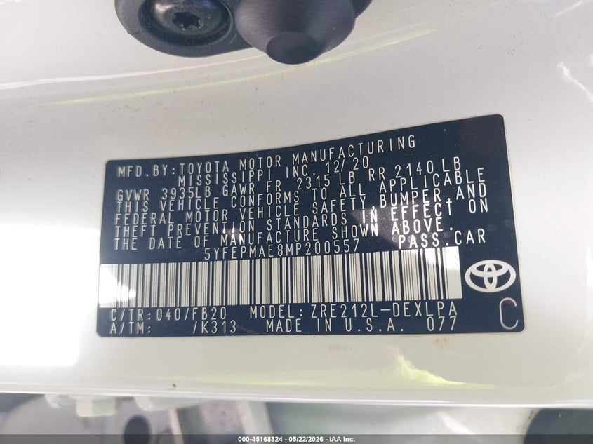 2021 Toyota Corolla VIN 5YFEPMAE8MP200557 IAAI salvage auction — REAR END, Salvage Title, sold $3,750 on 2026-08-01 (photo 9)