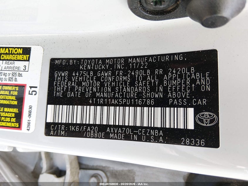 2023 Toyota Camry VIN 4T1R11AK5PU116786 IAAI salvage auction — FRONT END, Salvage - Greater Than 75% (Maryland), sold $7,100 on 2026-07-29 (photo 9)