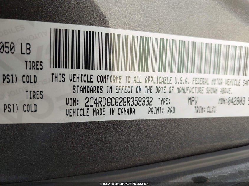 2016 Dodge Caravan VIN 2C4RDGCG2GR359332 IAAI salvage auction — RIGHT SIDE, Salvage Title, sold $850 on 2026-07-09 (photo 9)