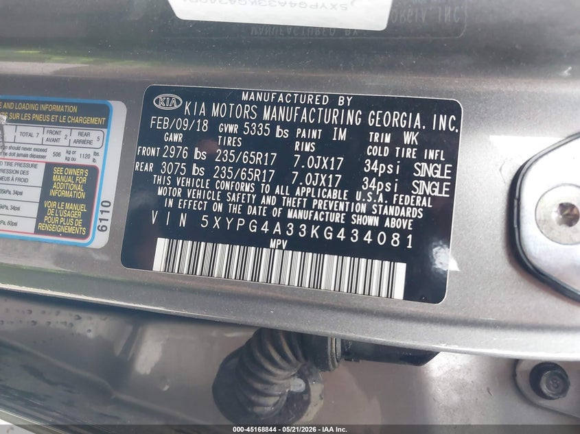 2019 Kia Sorento VIN 5XYPG4A33KG434081 IAAI salvage auction — FRONT END, Salvage (New Jersey), sold $2,200 on 2026-07-07 (photo 9)