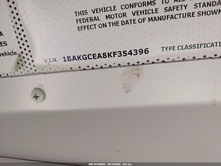 2019 Blue bird School bus / transit bus VIN 1BAKGCEA8KF354396 IAAI salvage auction — FRONT END, Clear (Michigan), sold $1,700 on 2026-07-08 (photo 9)