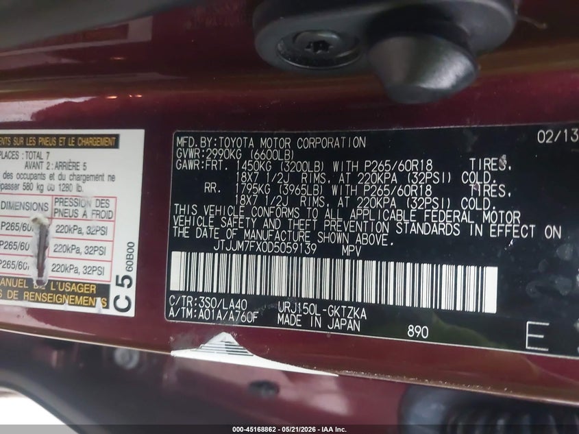 2013 Lexus Gx VIN JTJJM7FX0D5059139 IAAI salvage auction — FRONT END, Original (Texas), sold $9,000 on 2026-07-10 (photo 9)