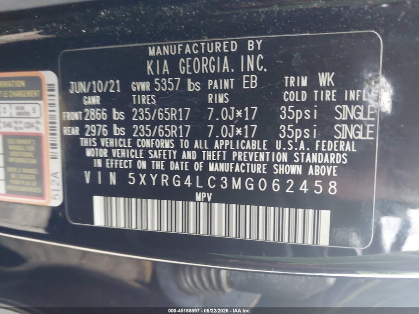 2021 Kia Sorento VIN 5XYRG4LC3MG062458 IAAI salvage auction — FRONT END, Salvage (South Carolina), sold $4,150 on 2026-07-15 (photo 9)