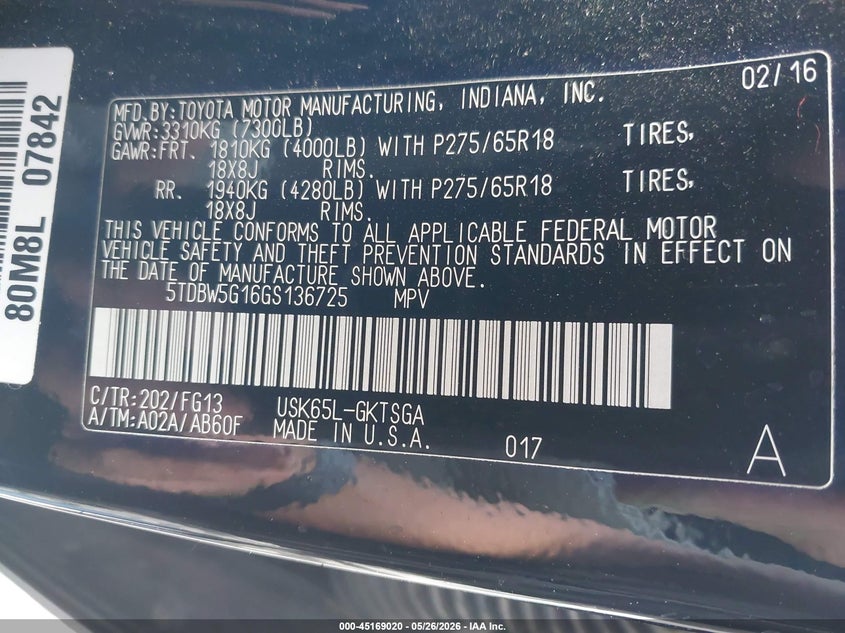 2016 Toyota Sequoia VIN 5TDBW5G16GS136725 IAAI salvage auction — LEFT FRONT, Clear (Oklahoma), sold $5,500 on 2026-07-29 (photo 9)