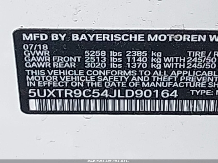 2018 BMW X3 VIN 5UXTR9C54JLD90164 IAAI salvage auction — FRONT END, Mv-907A (New York), sold $5,950 on 2026-07-14 (photo 9)