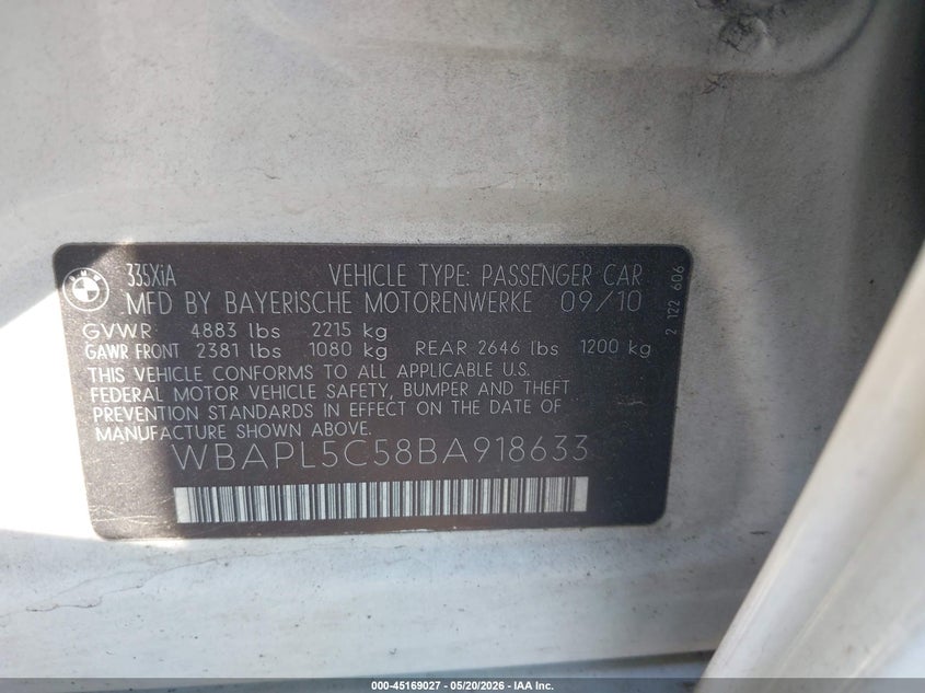 2011 BMW 3 series VIN WBAPL5C58BA918633 IAAI salvage auction — FRONT END, Salvage - Greater Than 75% (Maryland), sold $375 on 2026-07-27 (photo 9)