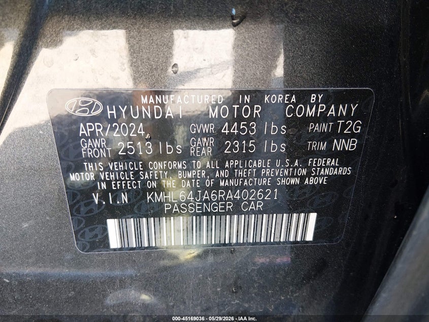 2024 Hyundai Sonata VIN KMHL64JA6RA402621 IAAI salvage auction — FRONT END, Salvage Title, sold $5,300 on 2026-07-17 (photo 9)