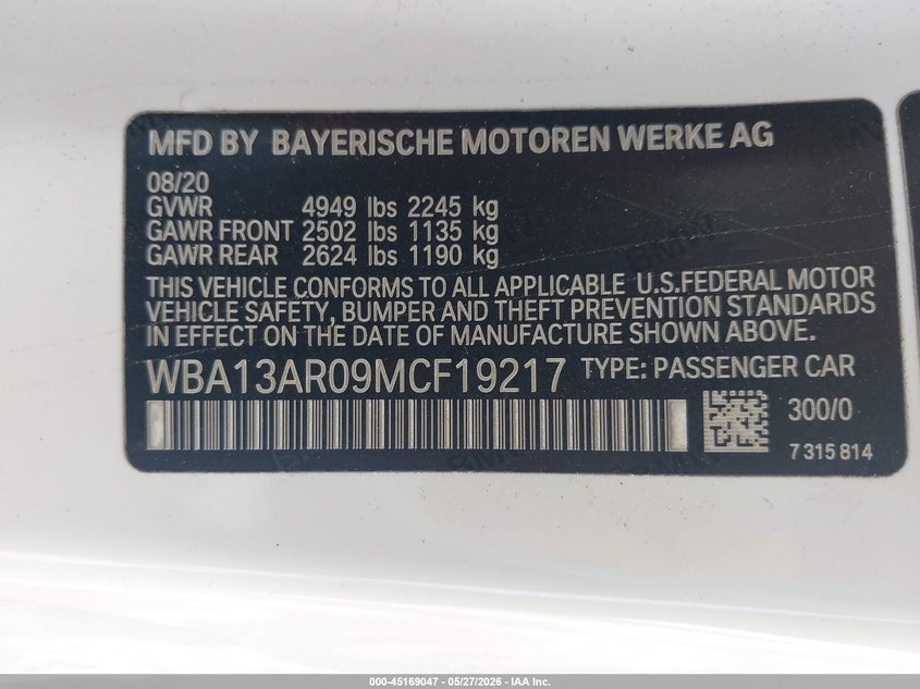 2021 BMW 4er VIN WBA13AR09MCF19217 IAAI salvage auction — FRONT END, Wait Title, sold $16,900 on 2026-08-20 (photo 9)
